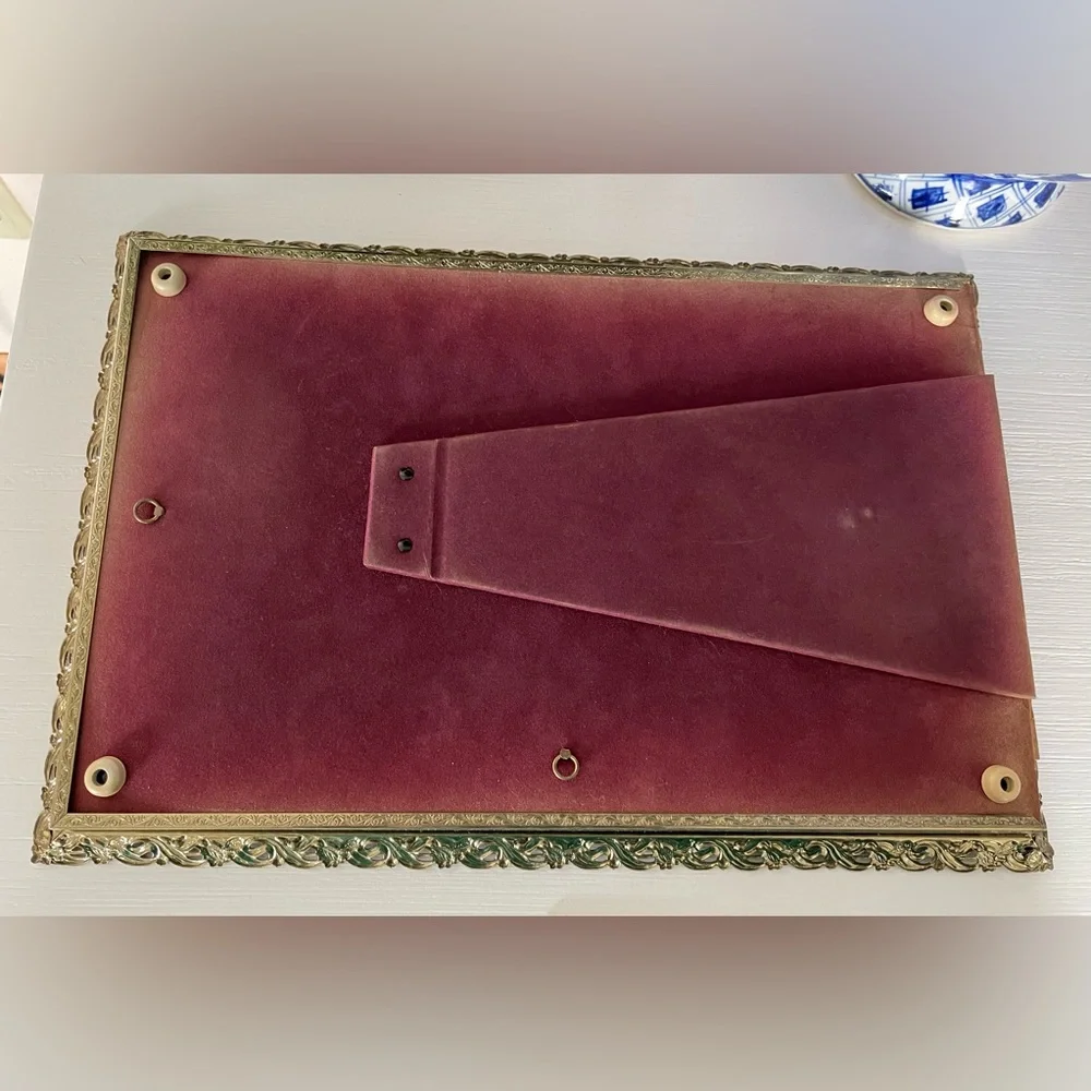 Vintage Large Gold Ornate Rectangular Glass Vanity Mirror Jewelry with stand